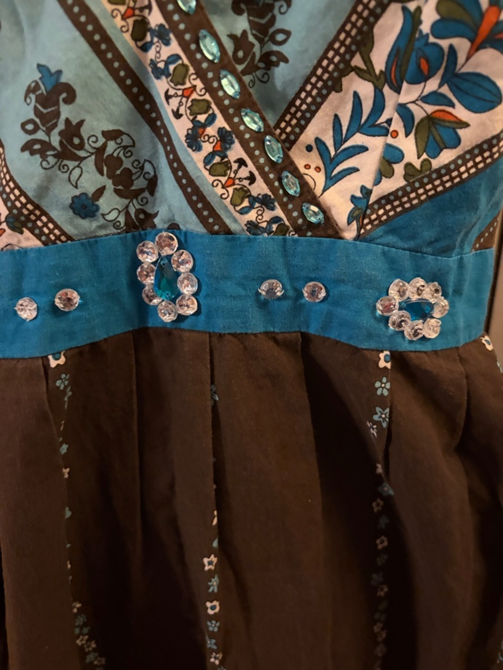 Boho V-Neck Brown and Turquoise Embroidered Midi Dress - Picture 5 of 8